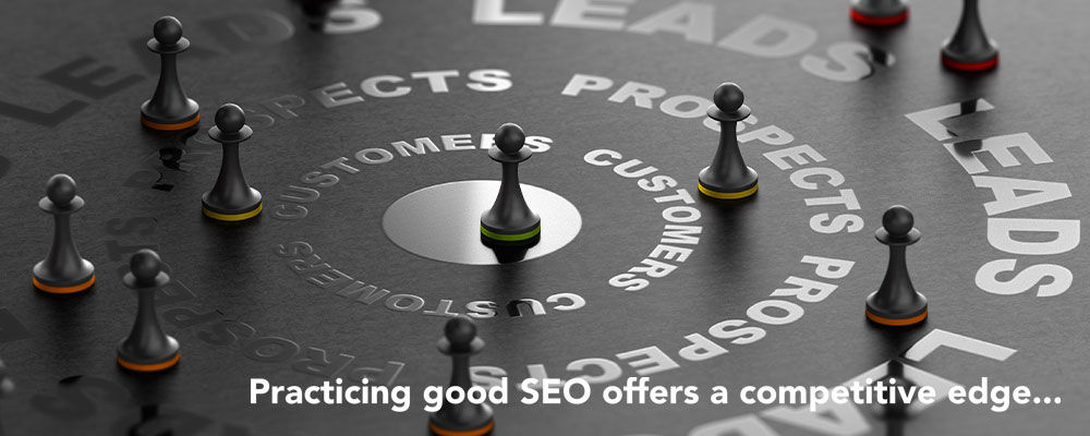 SEO target with chess pieces and text – Practicing good SEO offers a competitive advantage...